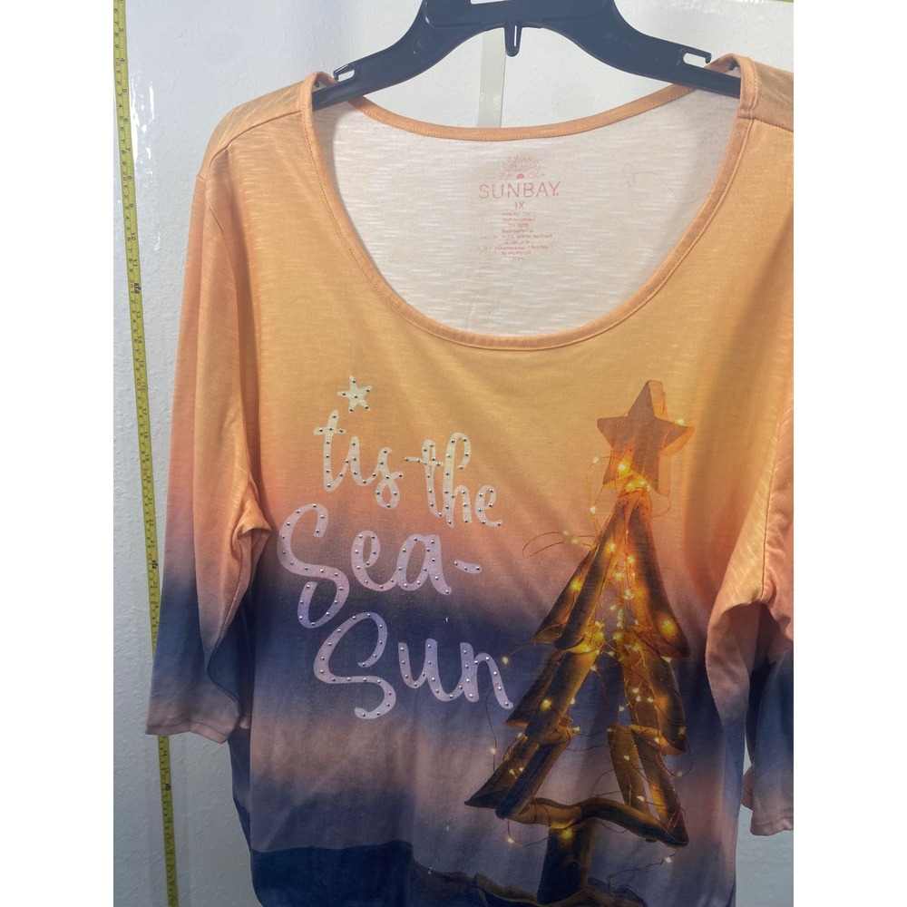 Sunbay Tis the Sea-Sun Ombre Graphic Top 1X Orange Blue 3/4 Sleeve Rhinestone